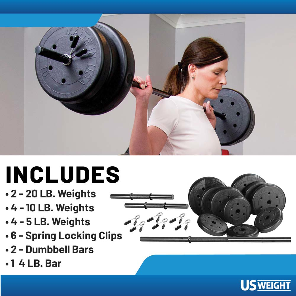 US Weight 105 LB vektsett med stang og manualer